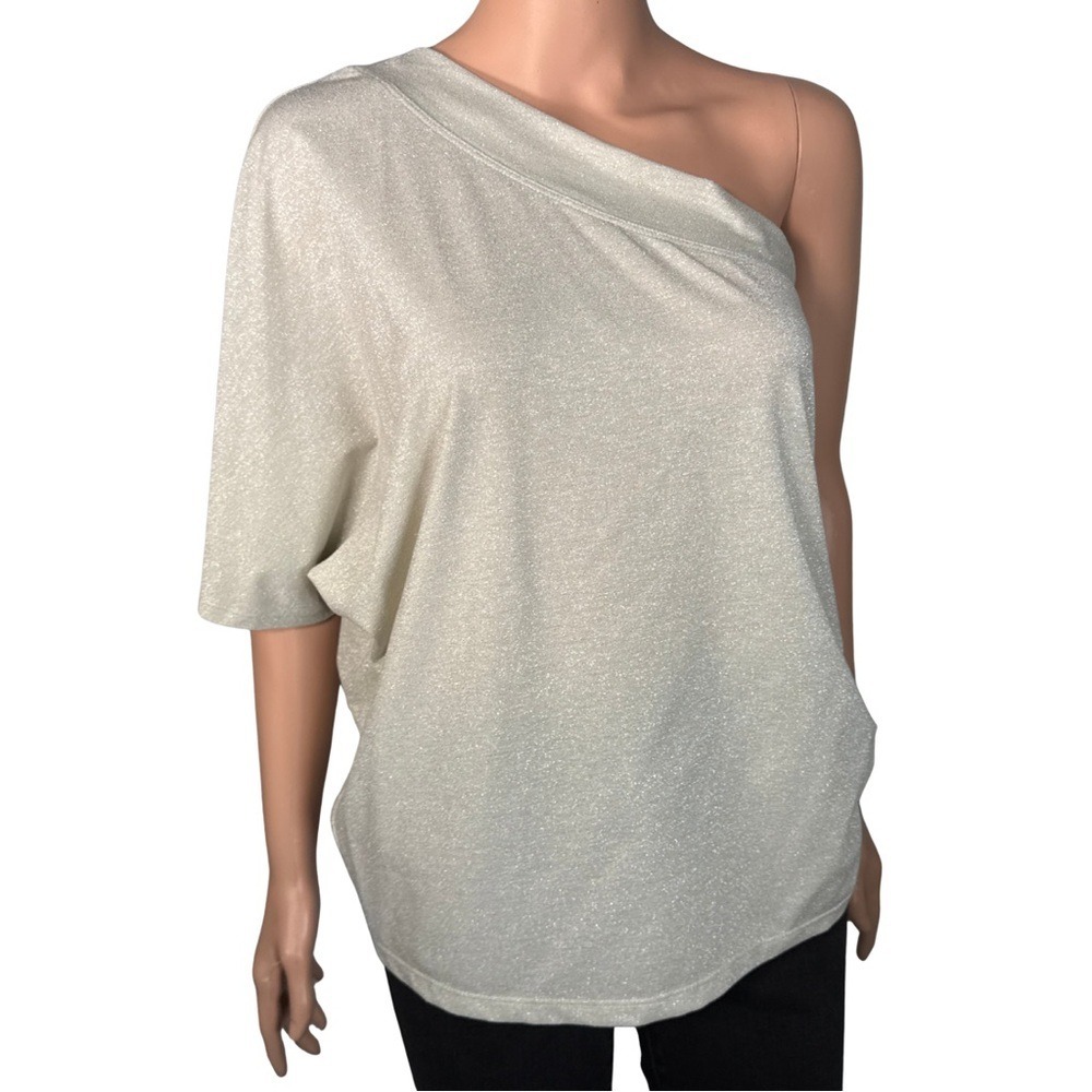 Trina Turk Kona Top Silver Metallic One Shoulder Ruched Blouse Medium 2111127MJ1
